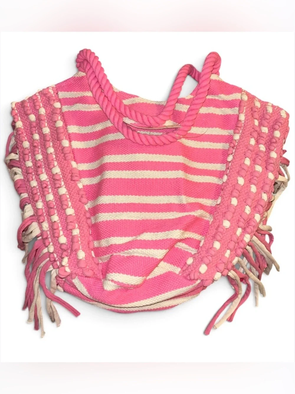 NWT No Boundaries Boho Pink Striped Fringe Beach Woven Tote Bag Rope Handles